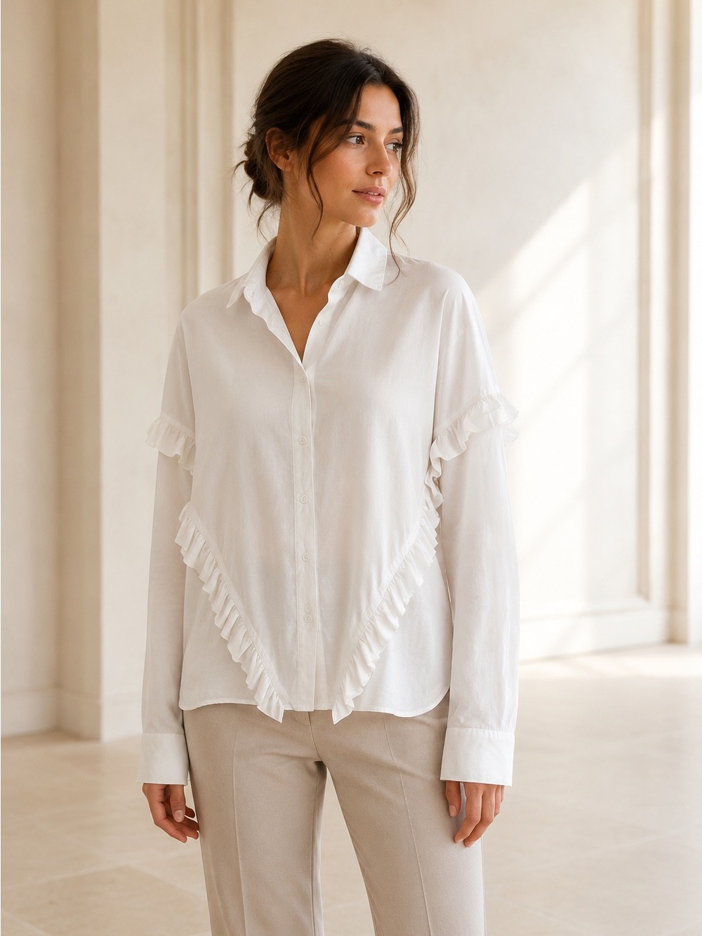 Pearl by Lela Rose White Ruffle Button-Down Blouse Large Feminine Elevated Basic